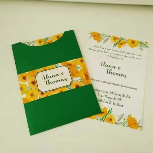 Convite Casamento Verde e Amarelo Flores