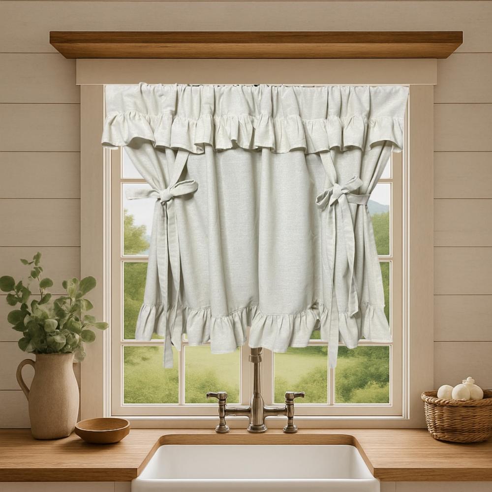 Cortina romana babados estilo farm house country linho tinto sob