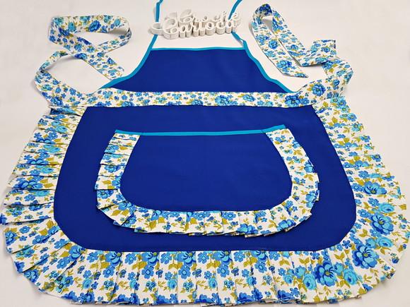 Avental Retrô Vinatge Azul Royal e Floral Alta Durabilidade