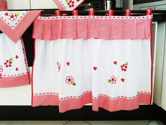 Conjuntinho de Cozinha Vermelho Xadrez e Flores Escolha Cor
