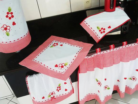 Conjuntinho de Cozinha Vermelho Xadrez e Flores Escolha Cor