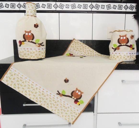 Conjunto de Cozinha Corujas em Algodão Cru 3 Peças