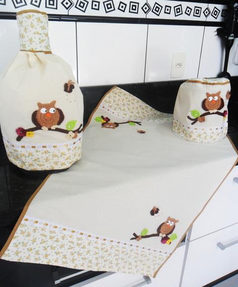 Conjunto de Cozinha Corujas em Algodão Cru 3 Peças