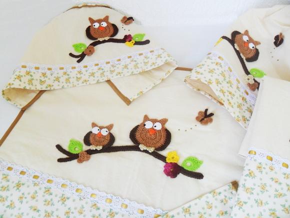 Conjunto de Cozinha Corujas em Algodão Cru 3 Peças