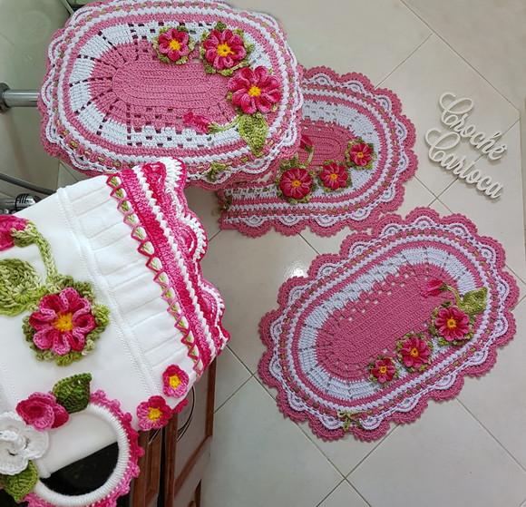 Conjunto para Banheiro Rosa Floral 5 Peças Escolha Cor
