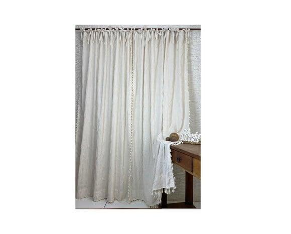 Cortina Boho Chic Rustica Natural Bordada Amarrar Sob Medida