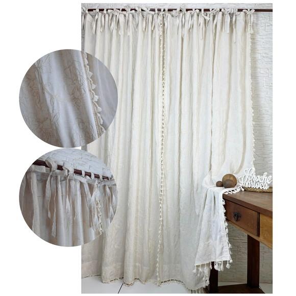 Cortina Boho Chic Rustica Natural Bordada Amarrar Sob Medida