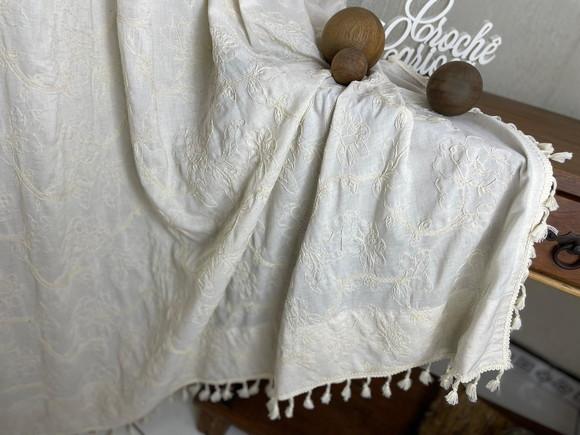 Cortina Boho Chic Rustica Natural Bordada Amarrar Sob Medida