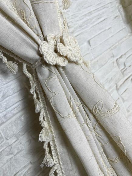 Cortina Boho Chic Rustica Natural Bordada Amarrar Sob Medida
