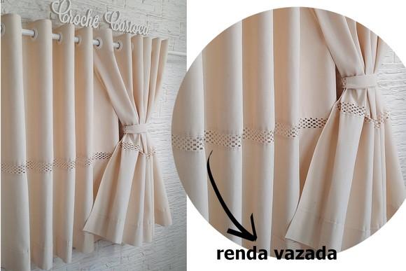 Cortina de Algodão Cru Renda Vazada Ilhós Sob Medida