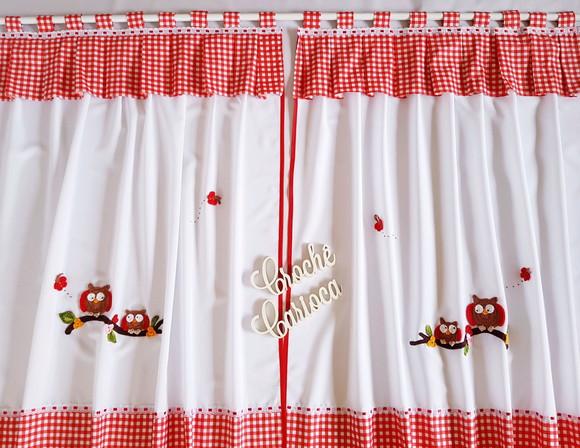 Cortina de Cozinha Corujinhas Xadrez Vermelho Sob Medida