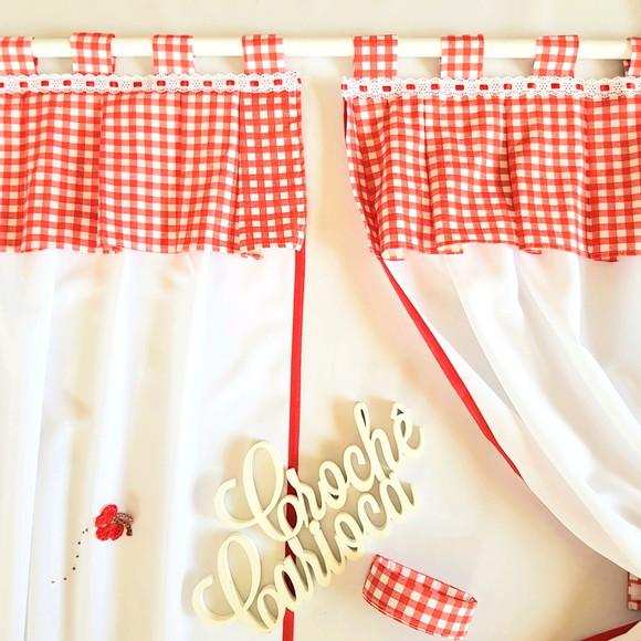 Cortina de Cozinha Corujinhas Xadrez Vermelho Sob Medida