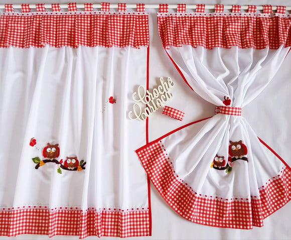 Cortina de Cozinha Corujinhas Xadrez Vermelho Sob Medida
