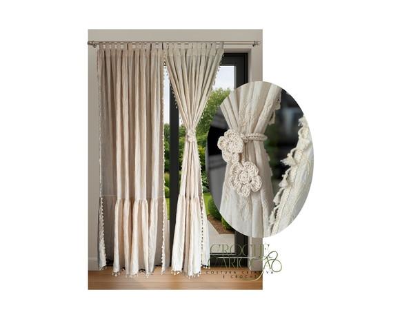 Cortina Farmhouse Chic Rústica Tassel Cru Alças Sob Medida