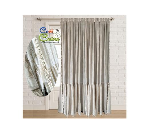 Cortina Farmhouse Chic Rústica Tassel Cru Alças Sob Medida