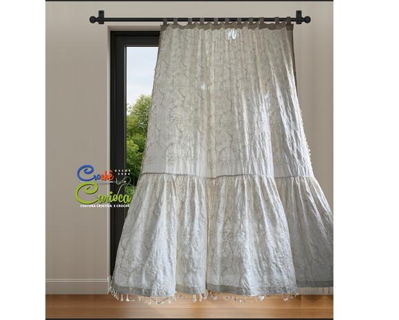 Cortina Farmhouse Chic Rústica Tassel Cru Alças Sob Medida