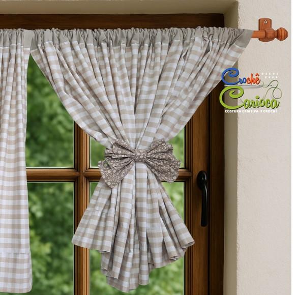 Cortina Farmhouse Xadrez Bege Fio Tinto 100% Algodão
