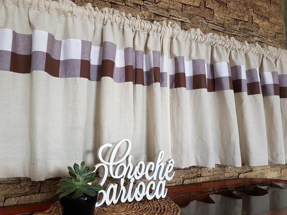 Cortina Linho Misto e Xadrez Marrom Decor Natural Sob Medida