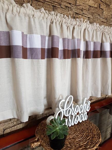 Cortina Linho Misto e Xadrez Marrom Decor Natural Sob Medida
