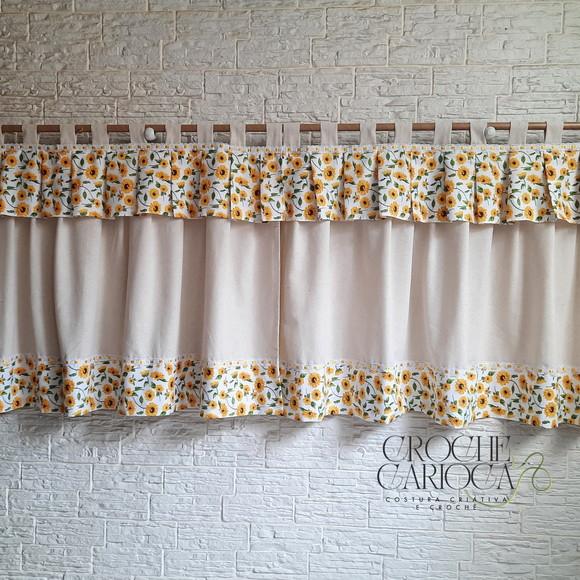 Cortina Linho Tinto e Floral Girassol Farmhouse Sob Medida