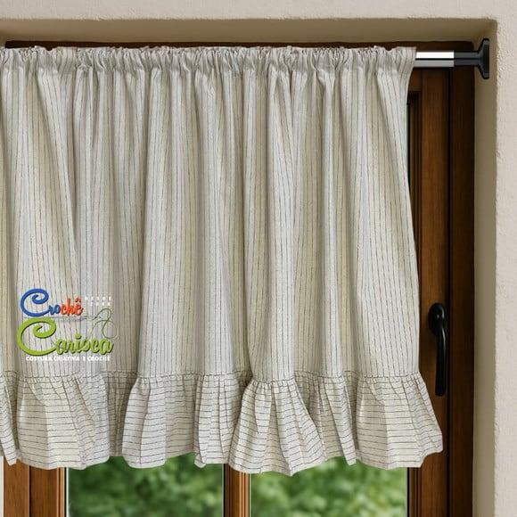 Cortina Linho Tinto Risca Giz Babados 140x70 ou Sob Medida