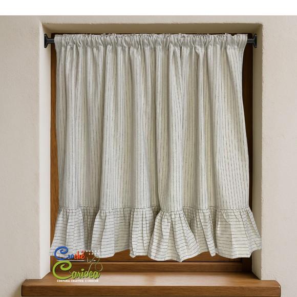 Cortina Linho Tinto Risca Giz Babados 140x70 ou Sob Medida