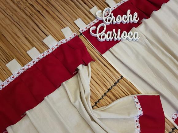Cortina para Janela em Linho Misto Cru e Grená Sob Medida