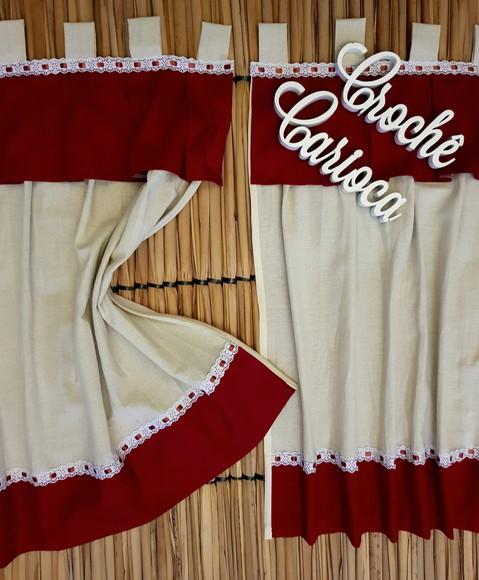Cortina para Janela em Linho Misto Cru e Grená Sob Medida