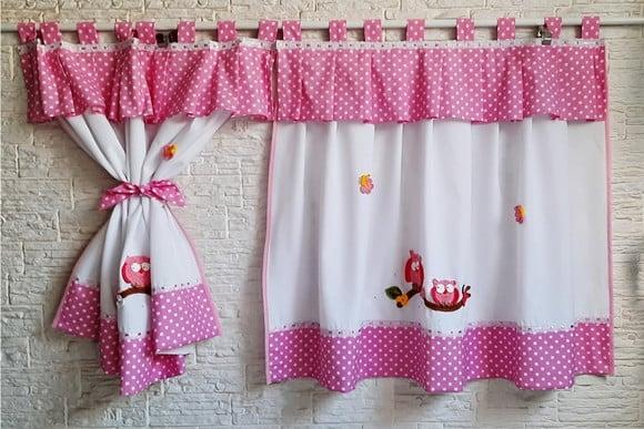 Cortina Rosa Corujinha Abraçadeiras Escolha Cor e Sob Medida