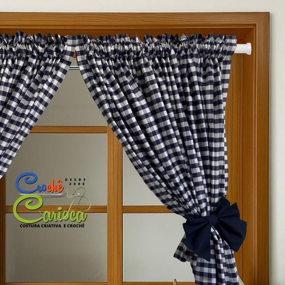 Cortina Xadrez Azul Farmhouse 100% Algodão Sob Medida