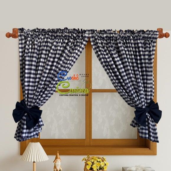 Cortina Xadrez Azul Farmhouse 100% Algodão Sob Medida