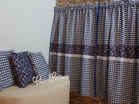 Cortina Xadrez Marinho e Floral ou Escolha Cores Sob Medida