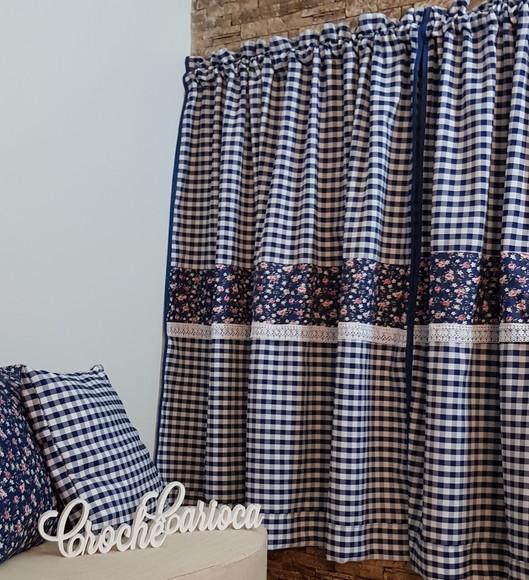 Cortina Xadrez Marinho e Floral ou Escolha Cores Sob Medida