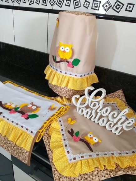 Jogo de Cozinha Amarelo Corujinhas 3 Peças