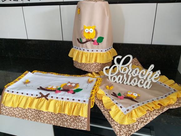 Jogo de Cozinha Amarelo Corujinhas 3 Peças
