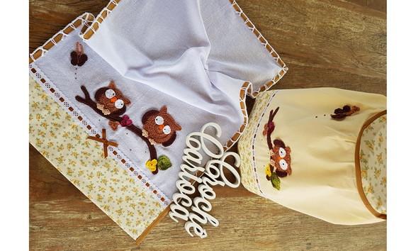 Jogo de Cozinha em Algodão Cru e Floral 3 Peças