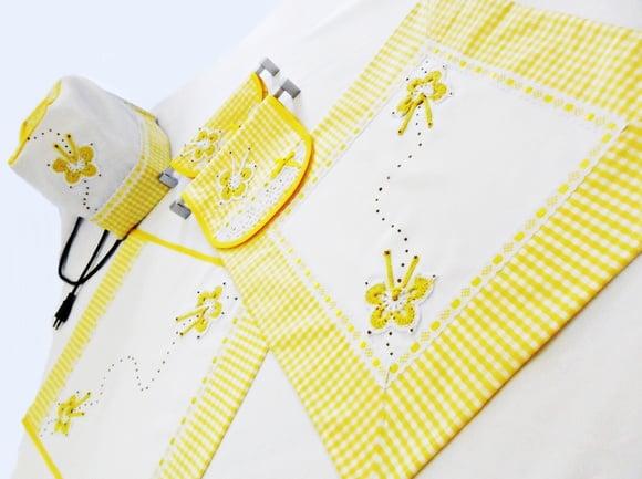 Jogo de Cozinha Tecido Amarelo Xadrez Borboletas
