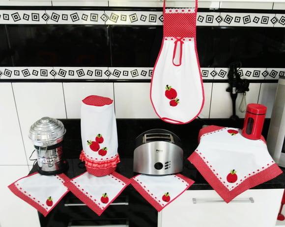 Jogo de Cozinha Tecido Maças Vermelho 6 Peças Escolha Cor