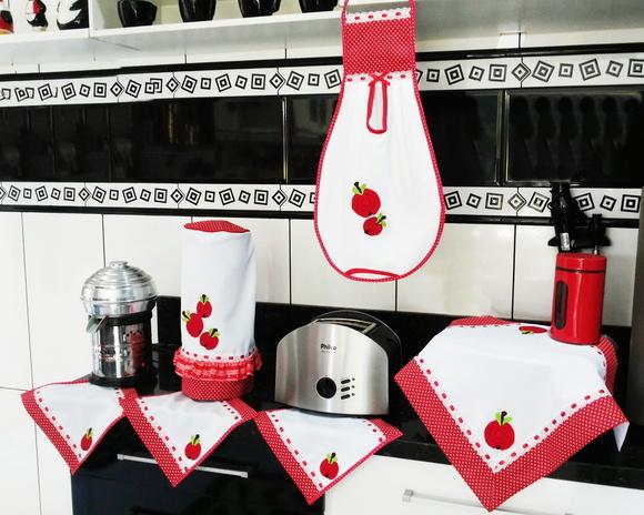 Jogo de Cozinha Tecido Maças Vermelho 6 Peças Escolha Cor