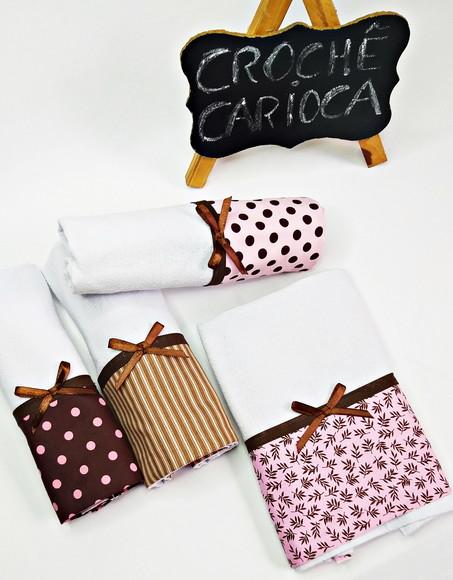 Kit 4 Panos de Prato Coordenado Rosa e Marrom