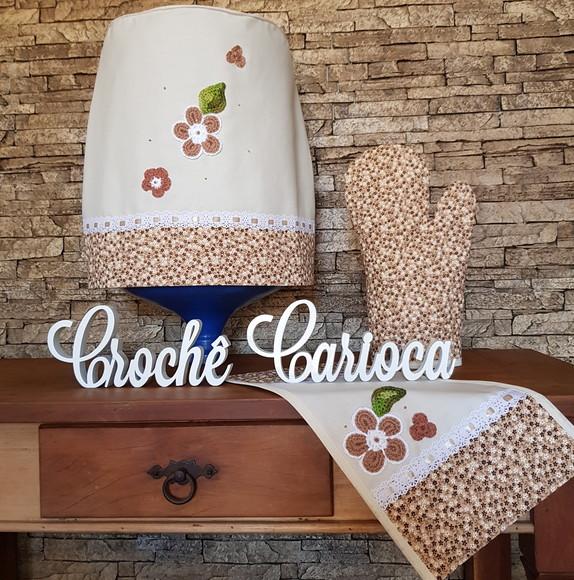 Kit Cozinha 3 Peças Algodão Cru Natural e Floral