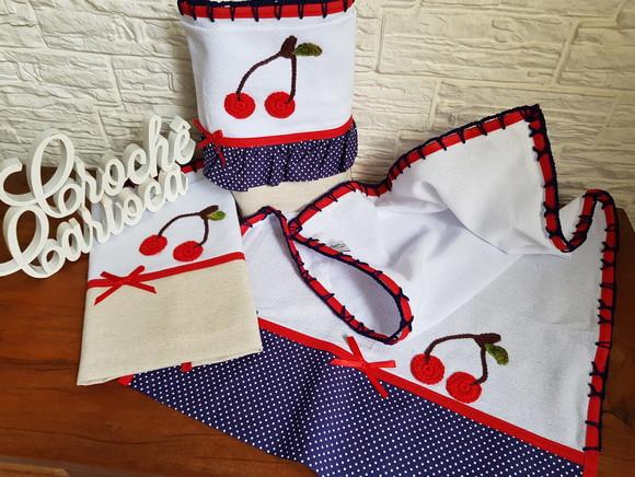 Kit Panos de Prato Coordenado Azul Marinho e Cerejinhas