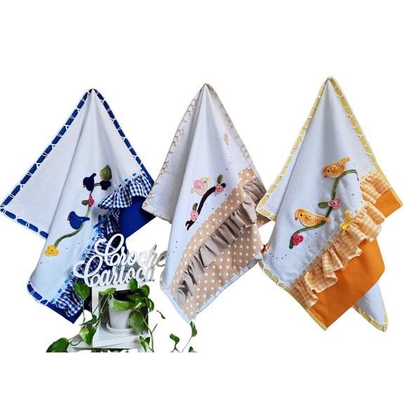 Kit Panos de Prato Tema Passarinhos Grande 80x49 cm 3 Peças