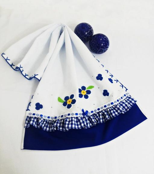 Pano de Prato Azul Royal Flores Xadrez Cozinha Grande