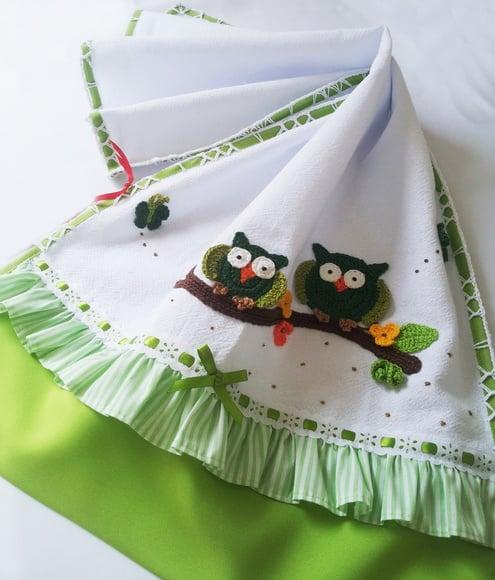Pano de Prato Verde Crochê Corujinhas para Cozinha Alta durabili