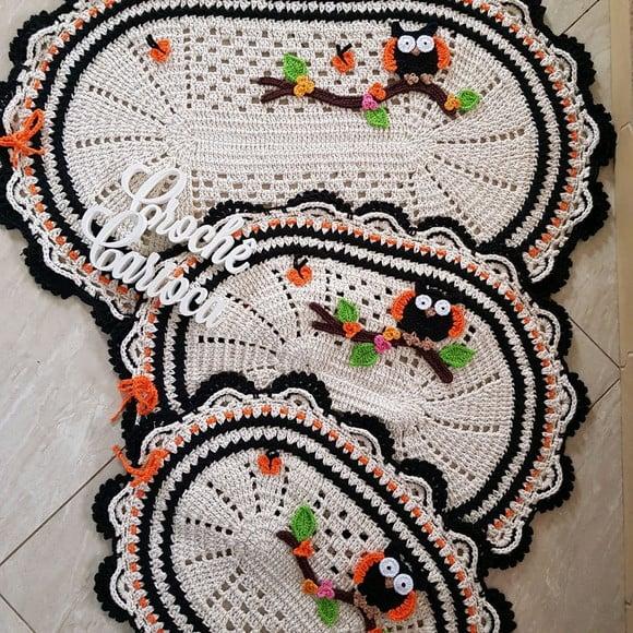 Tapetes Crochê Corujinhas 3 Peças Barbante e Algodão