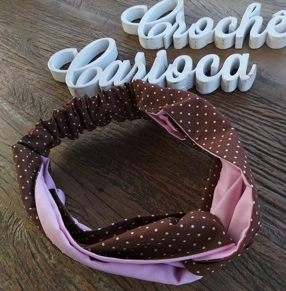 Tiara De Tecido E Elástico - Rosa E Marrom