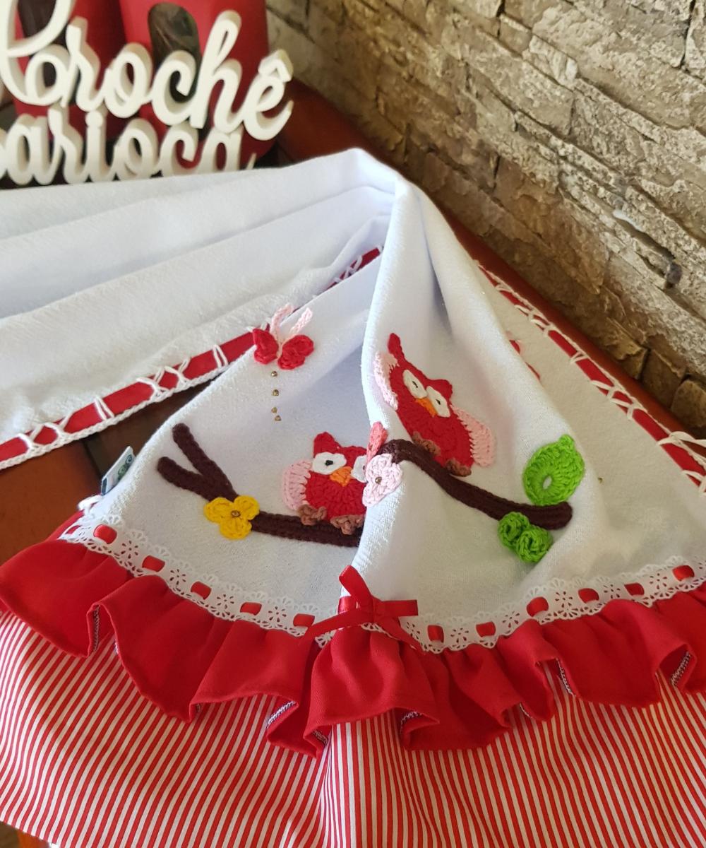 Pano de Prato Corujinhas Bordadas em Crochê Grande alta Qualidad