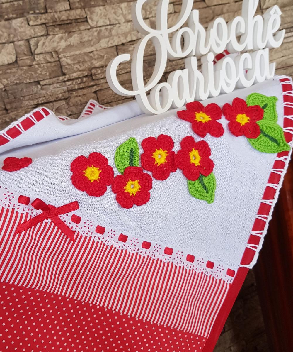 Pano de Prato Vermelho Criativo Floral em Crochê