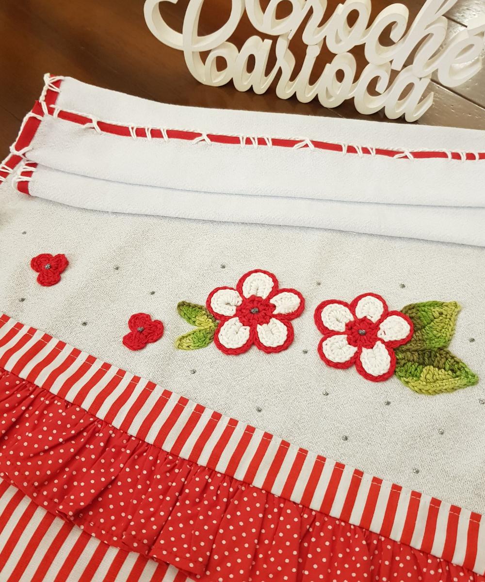 Pano de Prato Vermelho Floral e listras Alto Padrão e durabilida